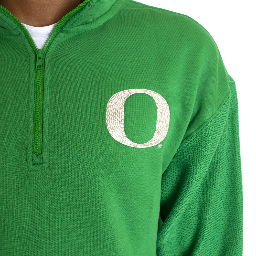 Classic Oregon O, Nike, Green, Pullover, Cotton Blend, Men, Reverse Arms, Chain Stitch, Left Chest, Athletic Department, 1/4-Zip, Sweatshirt, 727661